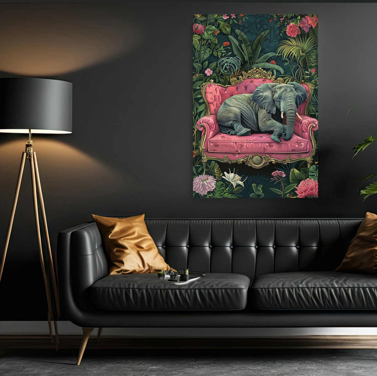 The Elephant's Luxe Lounge, Floral Victorian Elephant Canvas Painting, Victorian Animal Wall Art Decor, Poster Gift For Elephant Lovers