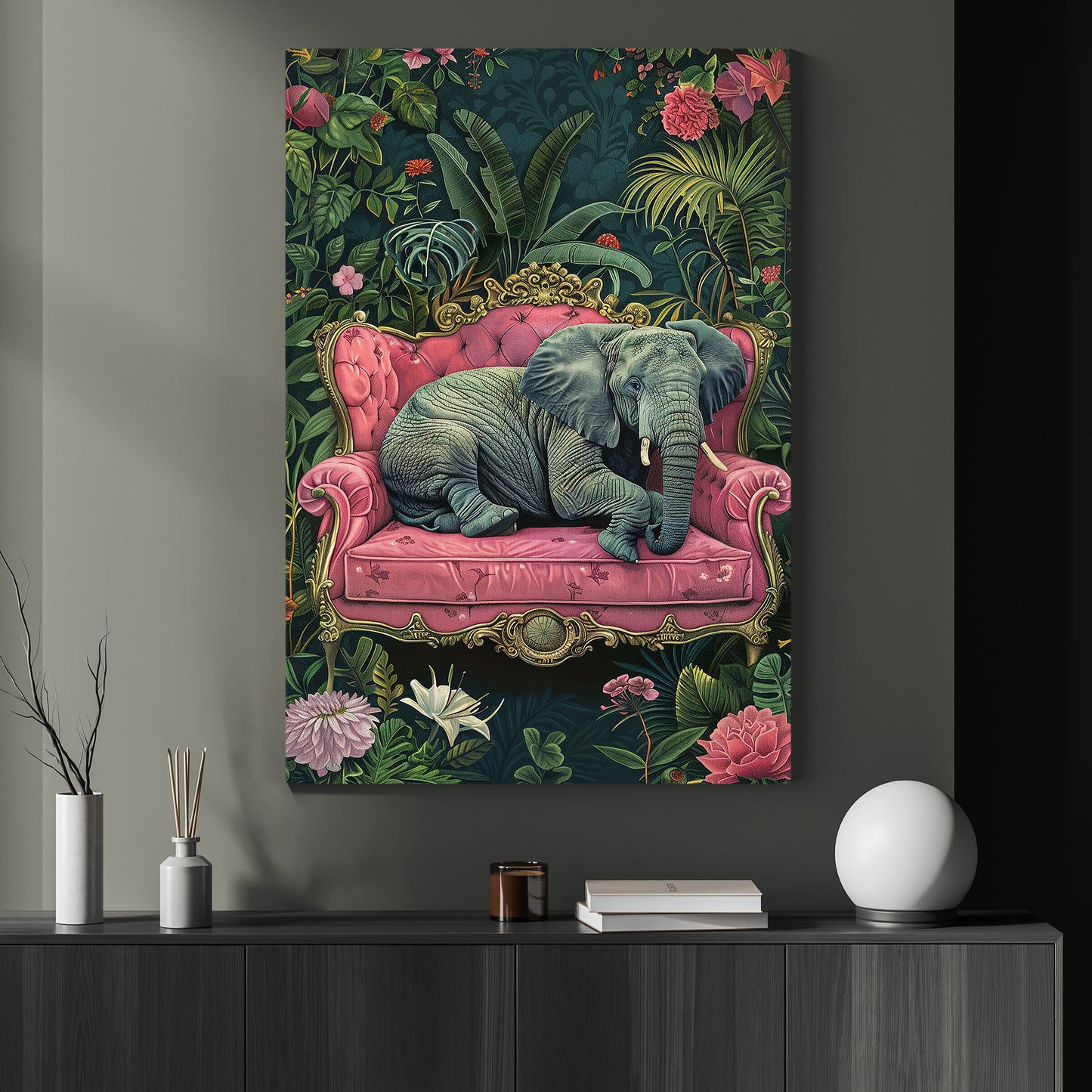 The Elephant's Luxe Lounge, Floral Victorian Elephant Canvas Painting, Victorian Animal Wall Art Decor, Poster Gift For Elephant Lovers