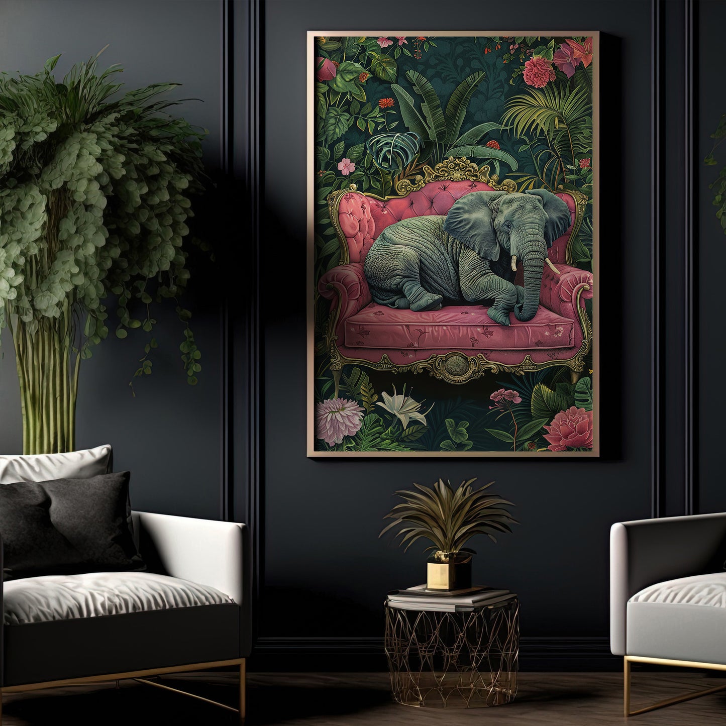 The Elephant's Luxe Lounge, Floral Victorian Elephant Canvas Painting, Victorian Animal Wall Art Decor, Poster Gift For Elephant Lovers