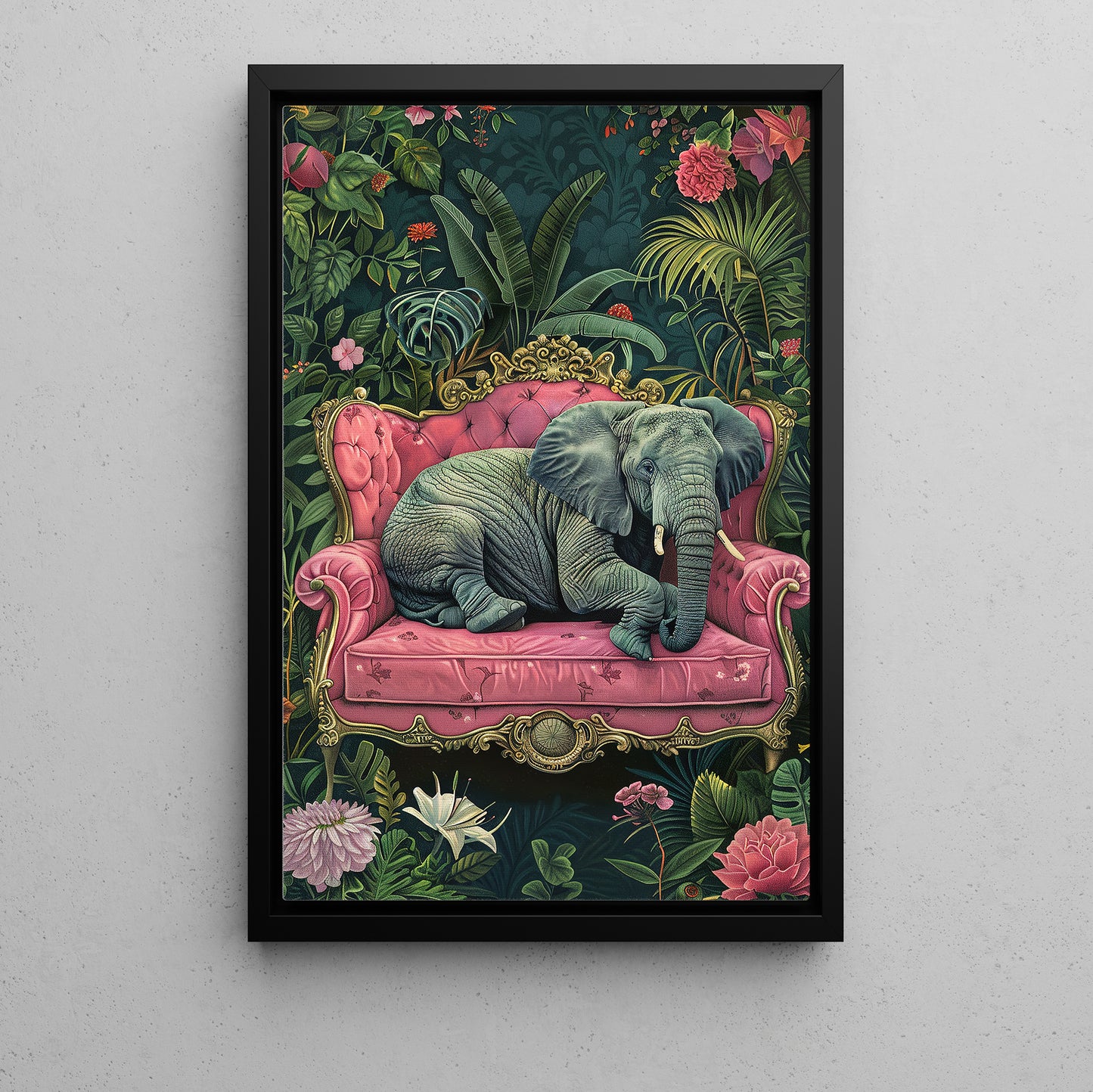 The Elephant's Luxe Lounge, Floral Victorian Elephant Canvas Painting, Victorian Animal Wall Art Decor, Poster Gift For Elephant Lovers