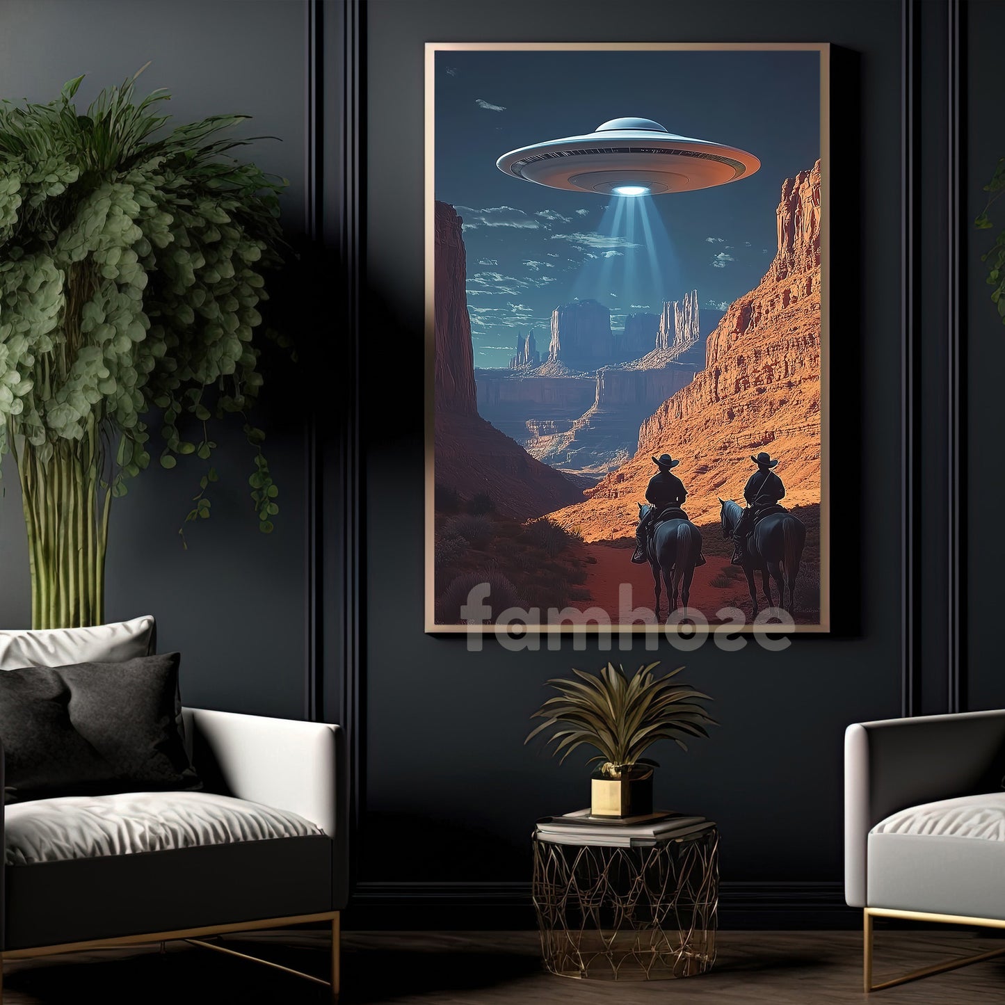 Cool Cowboy Canvas Painting, Cowboy And UFO Wall Art Decor, Poster Gift For Cowboy Lovers