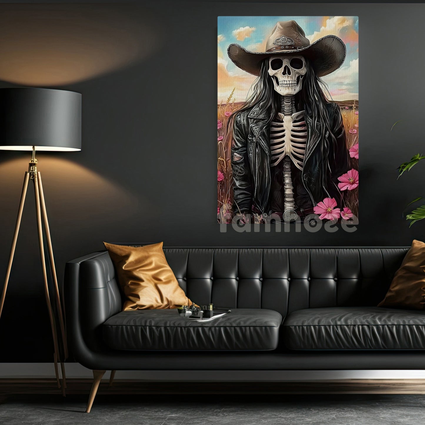 Cool Cowgirl Canvas Painting, Cowgirl Skeleton In Bloom Wall Art Decor, Poster Gift For Cowgirl Lovers