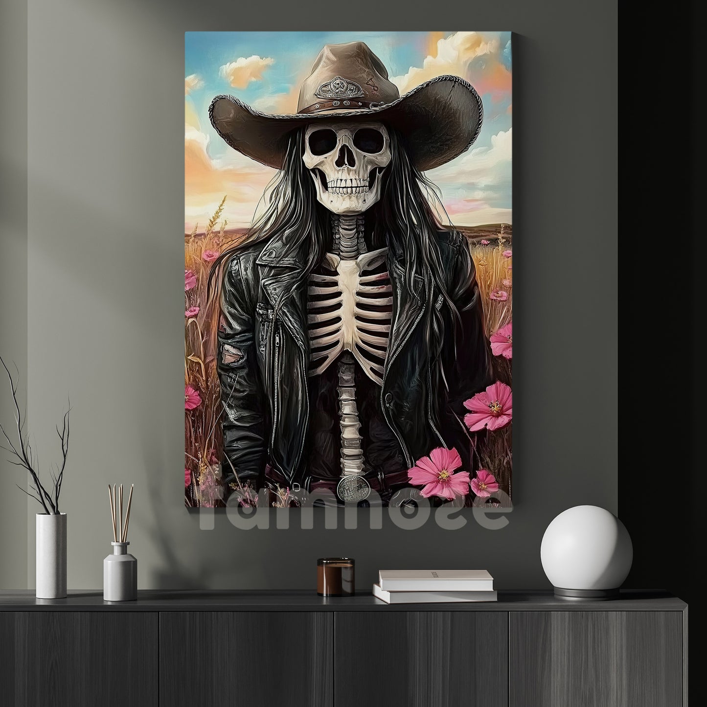 Cool Cowgirl Canvas Painting, Cowgirl Skeleton In Bloom Wall Art Decor, Poster Gift For Cowgirl Lovers