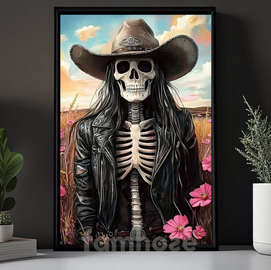 Cool Cowgirl Canvas Painting, Cowgirl Skeleton In Bloom Wall Art Decor, Poster Gift For Cowgirl Lovers