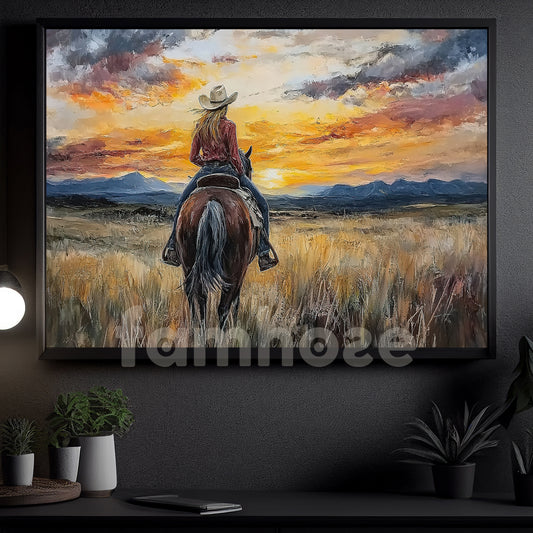 Vintage Cowgirl Canvas Painting, Riding Into The Sunset Wall Art Decor, Poster Gift For Cowgirl Lovers, Horse Lovers