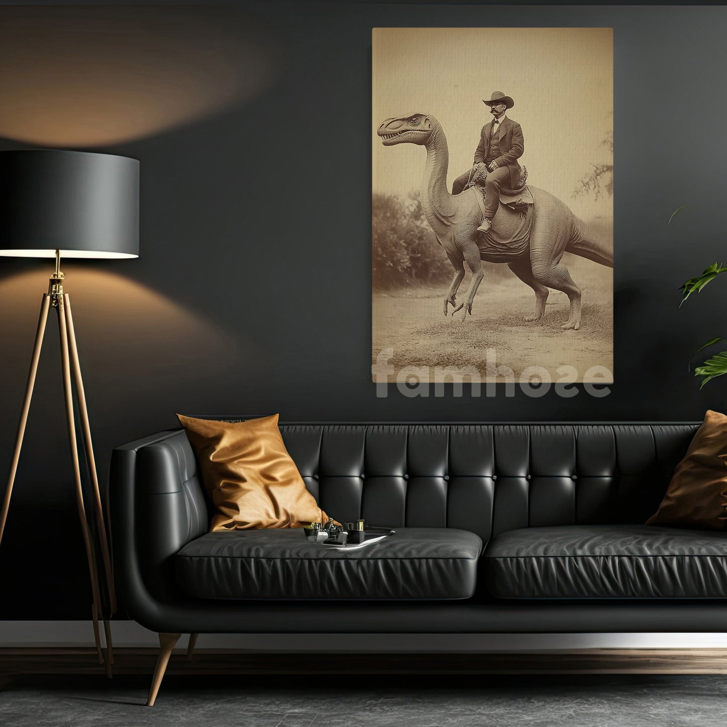 Cowboy Canvas Painting, Cowboy on a Dinosaur Adventure, Rodeo Wall Art Decor, Poster Gift For Cowboy Lovers