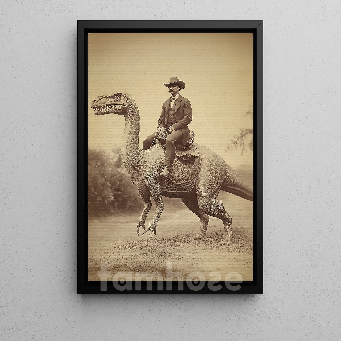 Cowboy Canvas Painting, Cowboy on a Dinosaur Adventure, Rodeo Wall Art Decor, Poster Gift For Cowboy Lovers