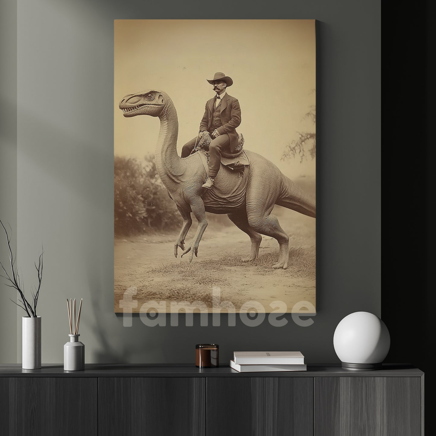 Cowboy Canvas Painting, Cowboy on a Dinosaur Adventure, Rodeo Wall Art Decor, Poster Gift For Cowboy Lovers