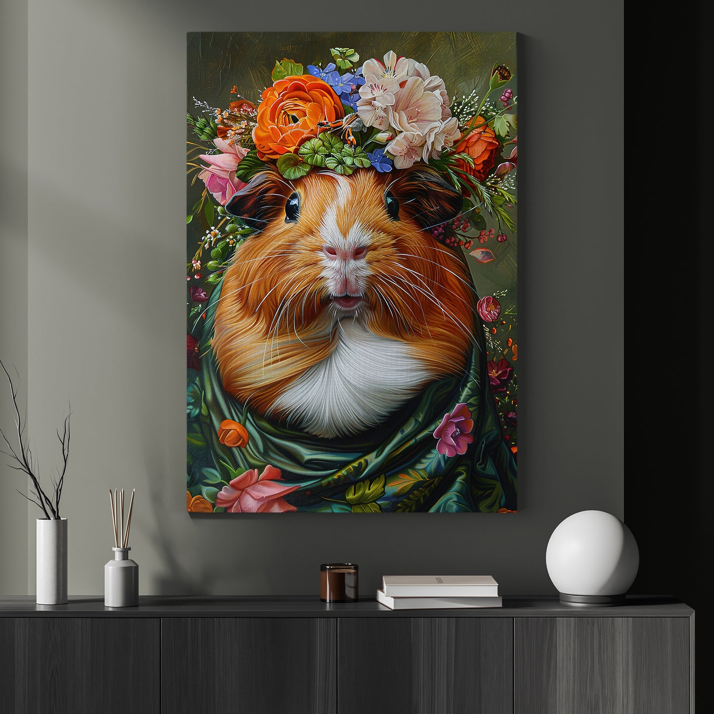 A Guinea Pig's Blossom Portrait, Floral Victorian Guinea Pig Canvas Painting, Victorian Animal Wall Art Decor, Poster Gift For Guinea Pig Lovers