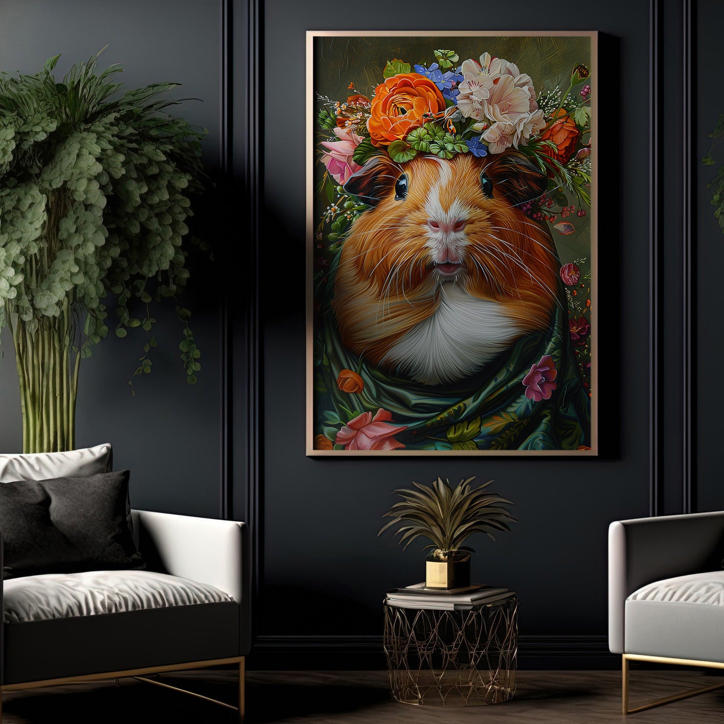 A Guinea Pig's Blossom Portrait, Floral Victorian Guinea Pig Canvas Painting, Victorian Animal Wall Art Decor, Poster Gift For Guinea Pig Lovers