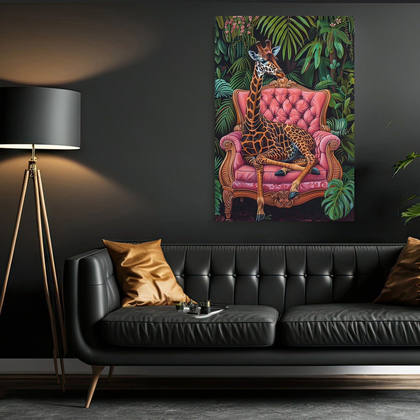 The Giraffe's Luxe Lounge, Floral Victorian Giraffe Canvas Painting, Victorian Animal Wall Art Decor, Poster Gift For Giraffe Lovers