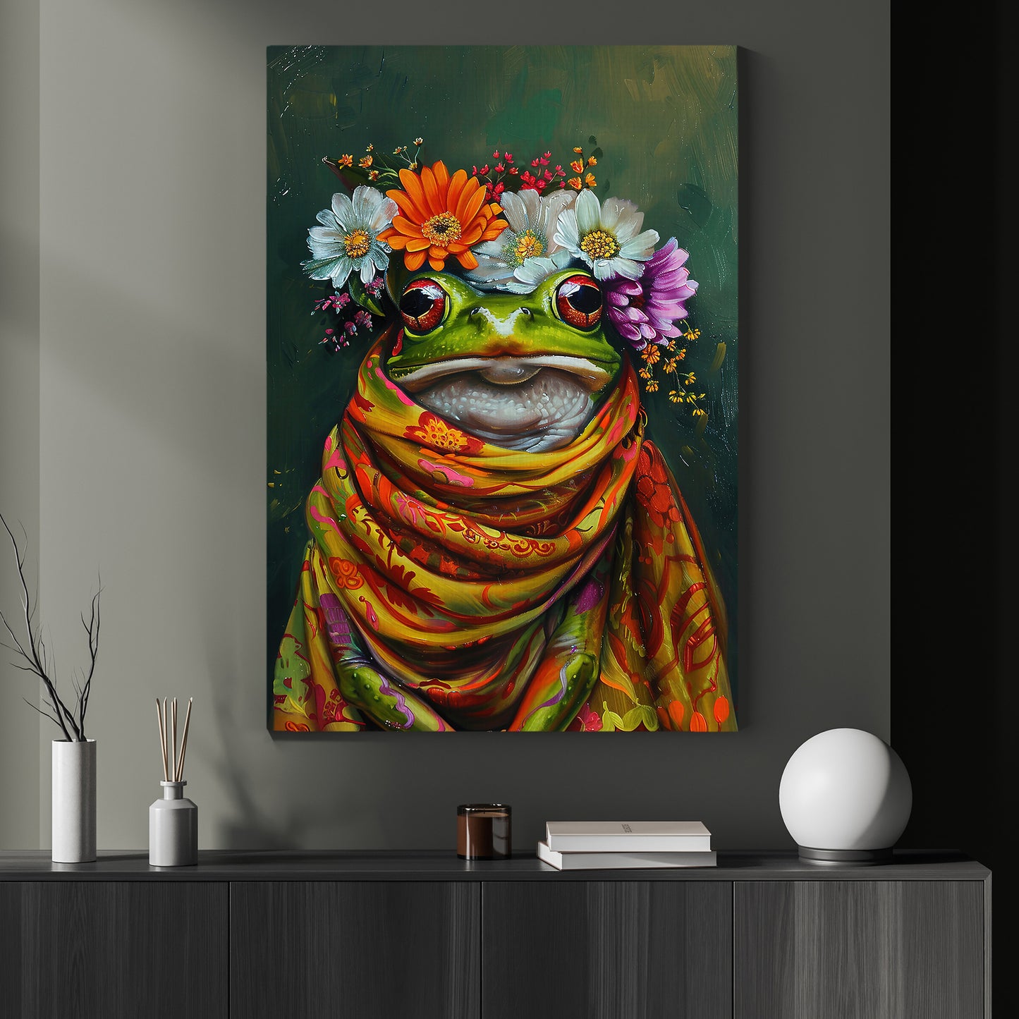 A Frog's Blossom Portrait, Floral Victorian Frog Canvas Painting, Victorian Animal Wall Art Decor, Poster Gift For Frog Lovers