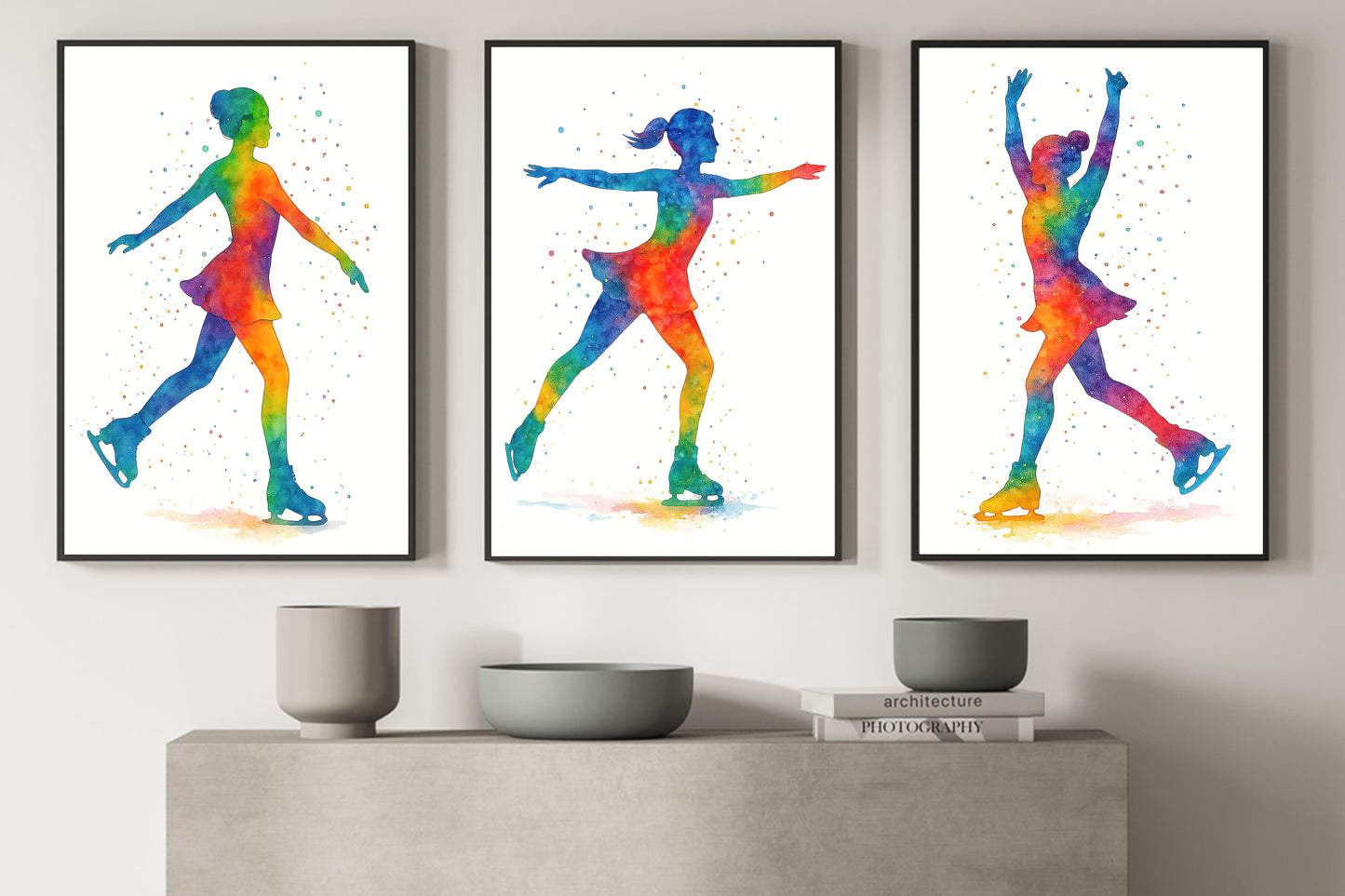 Set Of 3 Ice Skating Canvas Painting, The Growth Of The Skater Girl Wall Art Decor, Poster Gift For Ice Skating Lovers