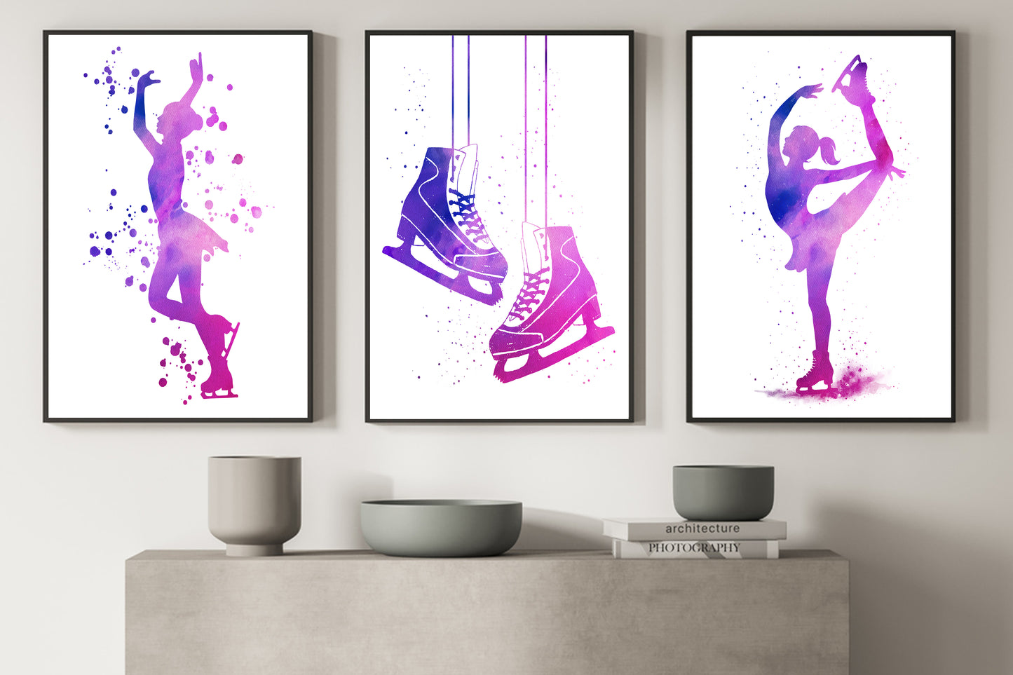 Set Of 3 Ice Skating Canvas Painting, Skater’s Dream Wall Art Decor, Poster Gift For Ice Skating Lovers