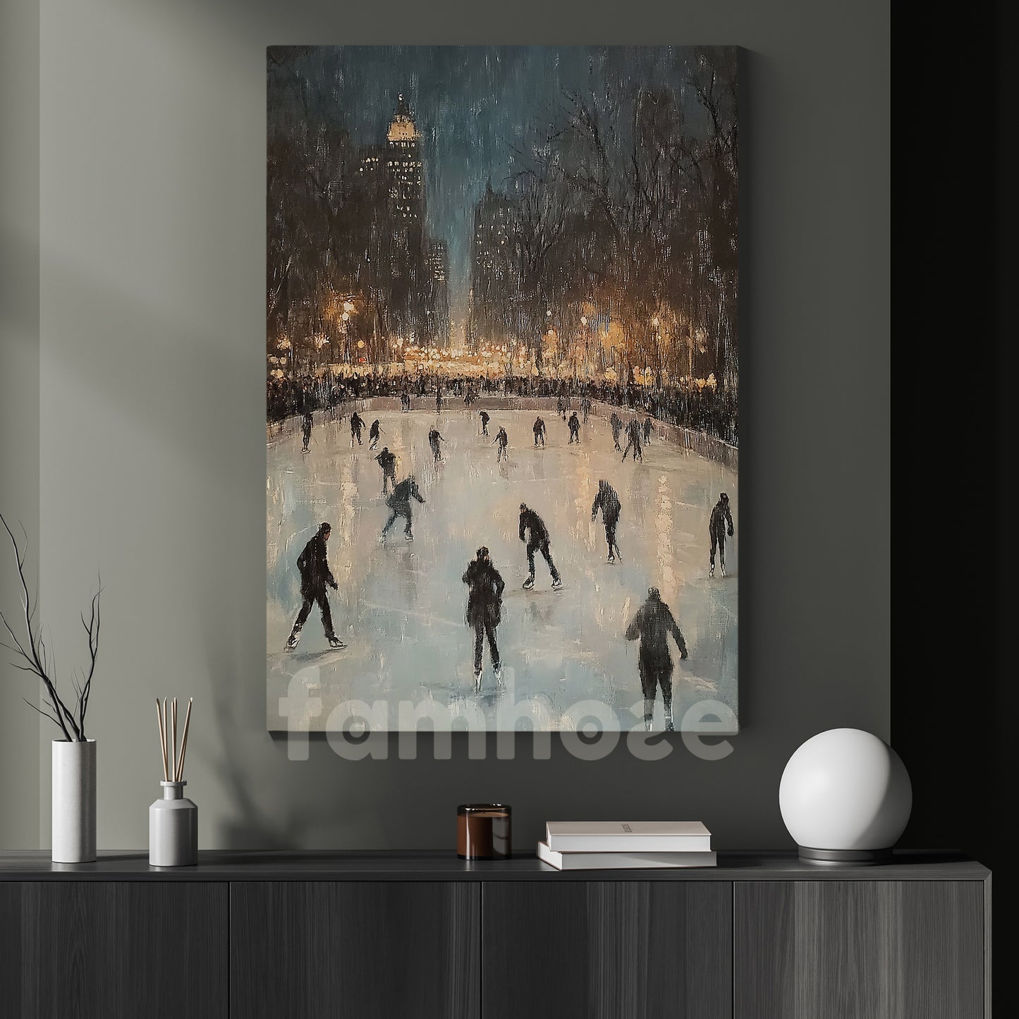 Ice Skating Canvas Painting, Winter Nights On Ice Wall Art Decor, Poster Gift For Ice Skating Lovers