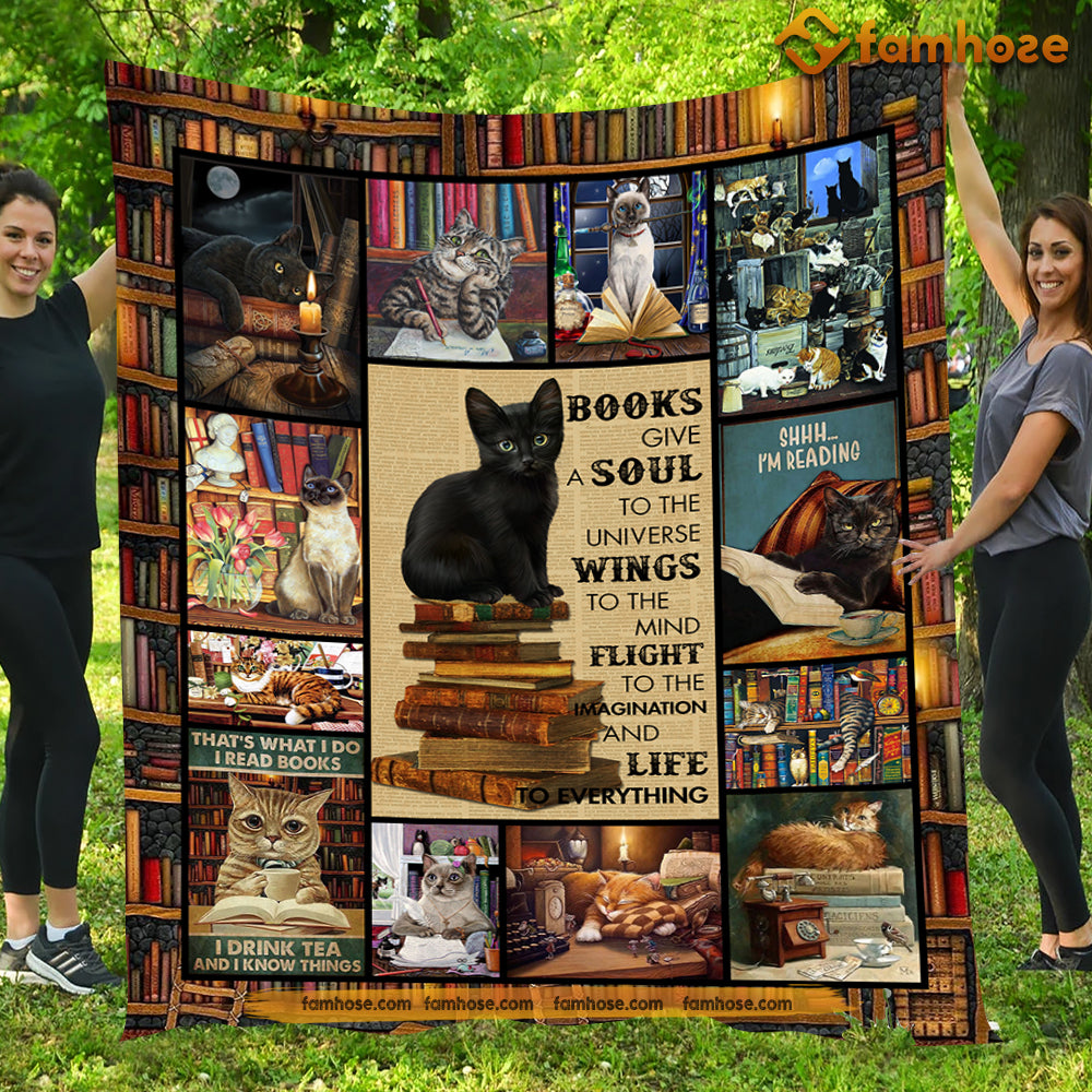 Black Cat Blanket, Books Give A Soul Wings Life To Everything Fleece Blanket - Sherpa Blanket Gift For Cat Lover, Cat Owners