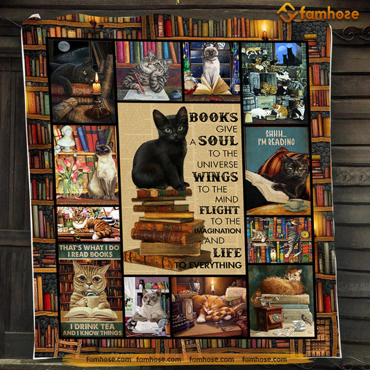 Black Cat Blanket, Books Give A Soul Wings Life To Everything Fleece Blanket - Sherpa Blanket Gift For Cat Lover, Cat Owners