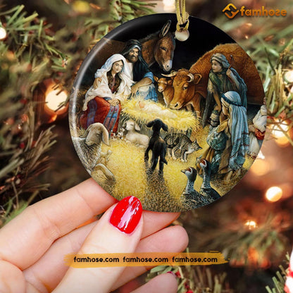 Christmas Farm Ornament, Jesus With Horse Cow Dog Donkey Christmas Gift For Farmers, Circle Ceramic Ornament