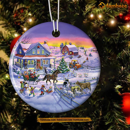 Christmas Farm Ornament, Horse Pulling Santa Claus Cow Chicken Dog Christmas Gift For Farmers, Circle Ceramic Ornament