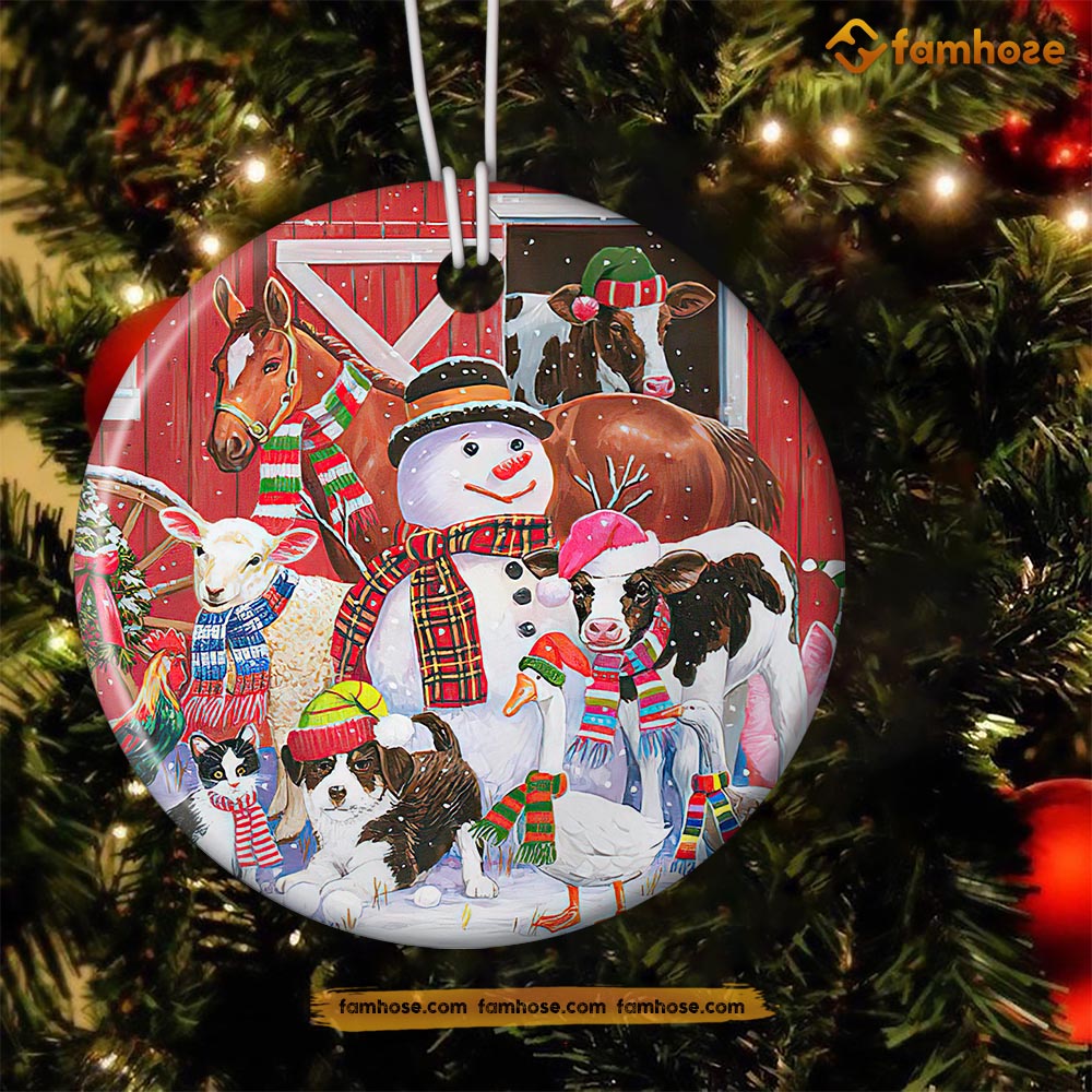 Christmas Farm Ornament, Cow Horse Donkey Dog Sheep And Snowflake Christmas Gift For Farmers, Circle Ceramic Ornament