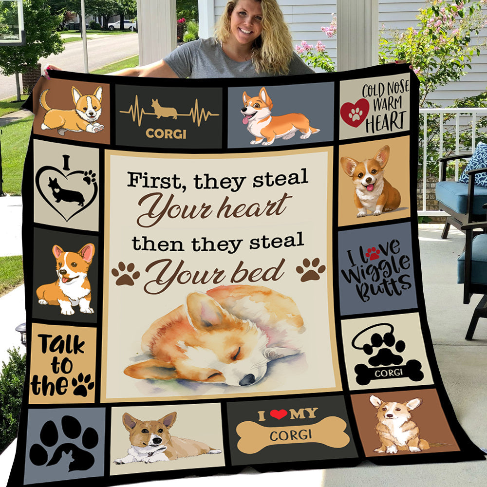 Funny Dog Blanket, Corgi First They Steal Your Heart Then They Steal Your Bed Fleece Blanket - Sherpa Blanket Gift For Dog Lovers, Dog Owners