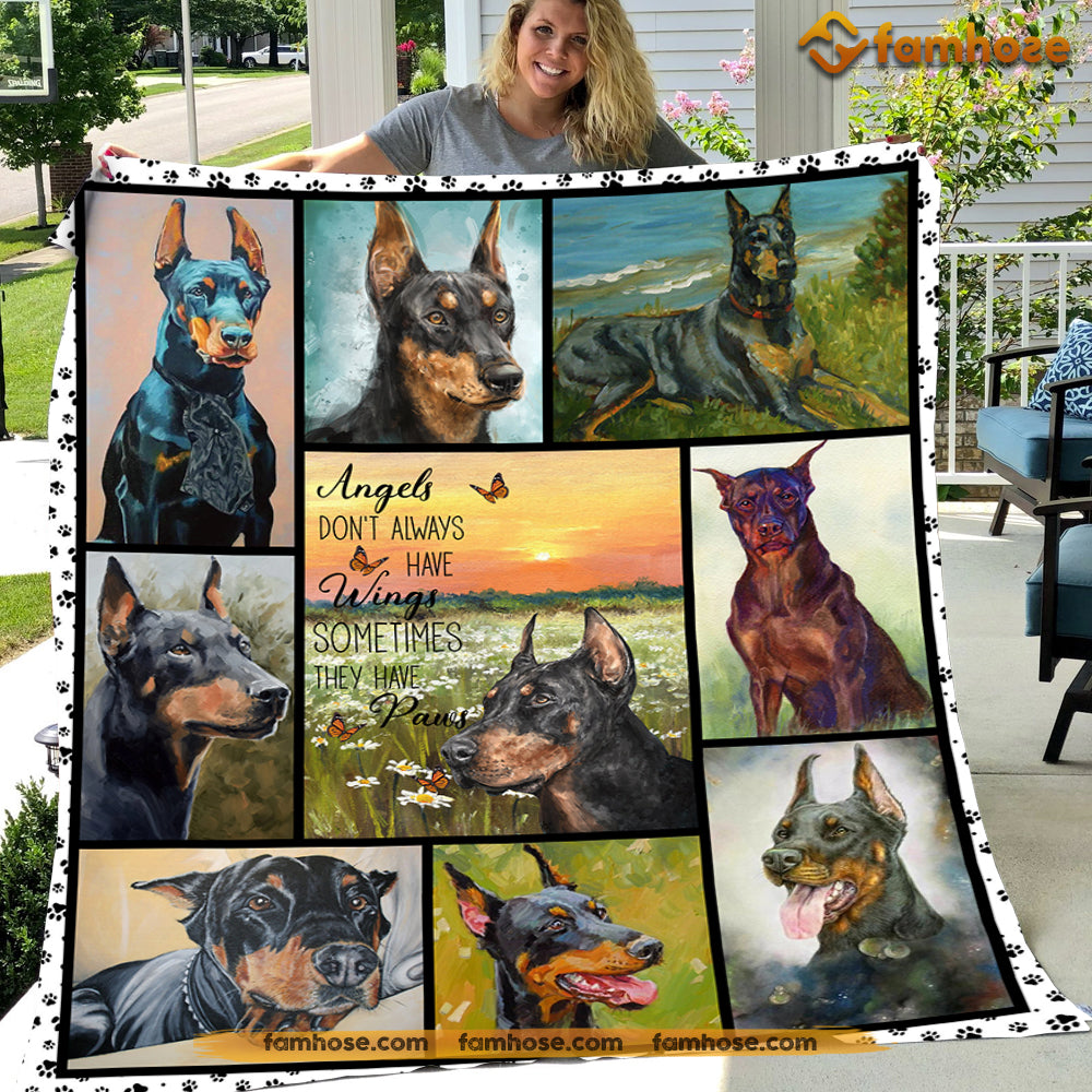 Dog Blanket, Angels Don't Always Have Wings Sometimes They Have Paws Doberman Pinscher Fleece Blanket - Sherpa Blanket Gift For Dog Lovers, Dog Owners