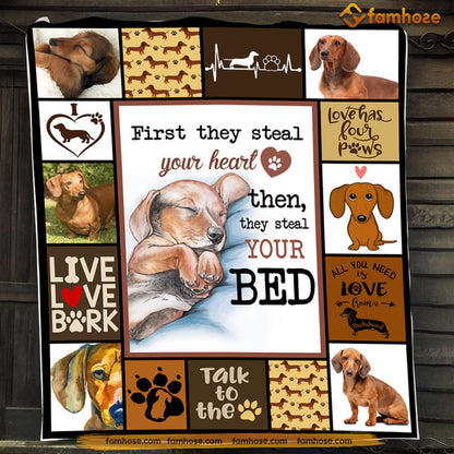 Cute Dachshund Dog Blanket, First They Steal Your Heart, Dachshund Fleece Blanket - Sherpa Blanket Gift For Dog Lovers, Dog Owners