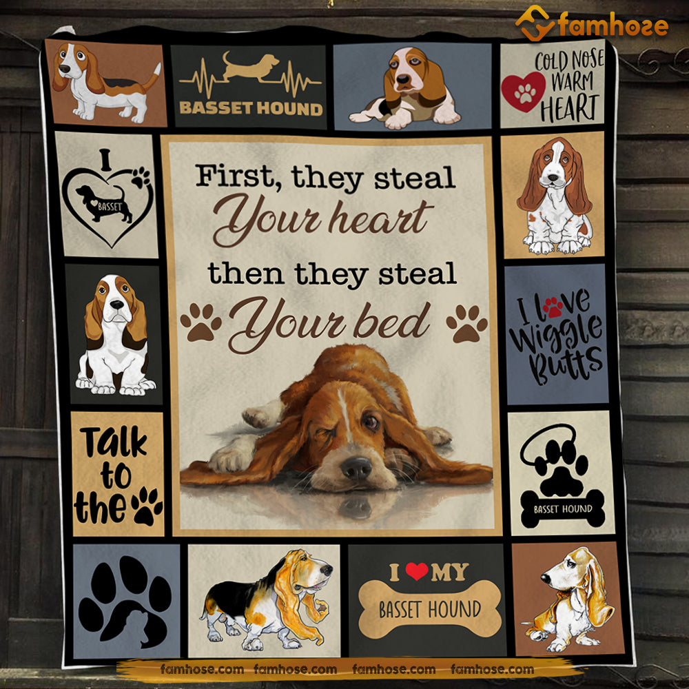 Funny Dog Blanket, First They Steal Your Heart Then They Steal Your Bed Fleece Blanket - Sherpa Blanket Gift For Dog Lovers, Dog Owners