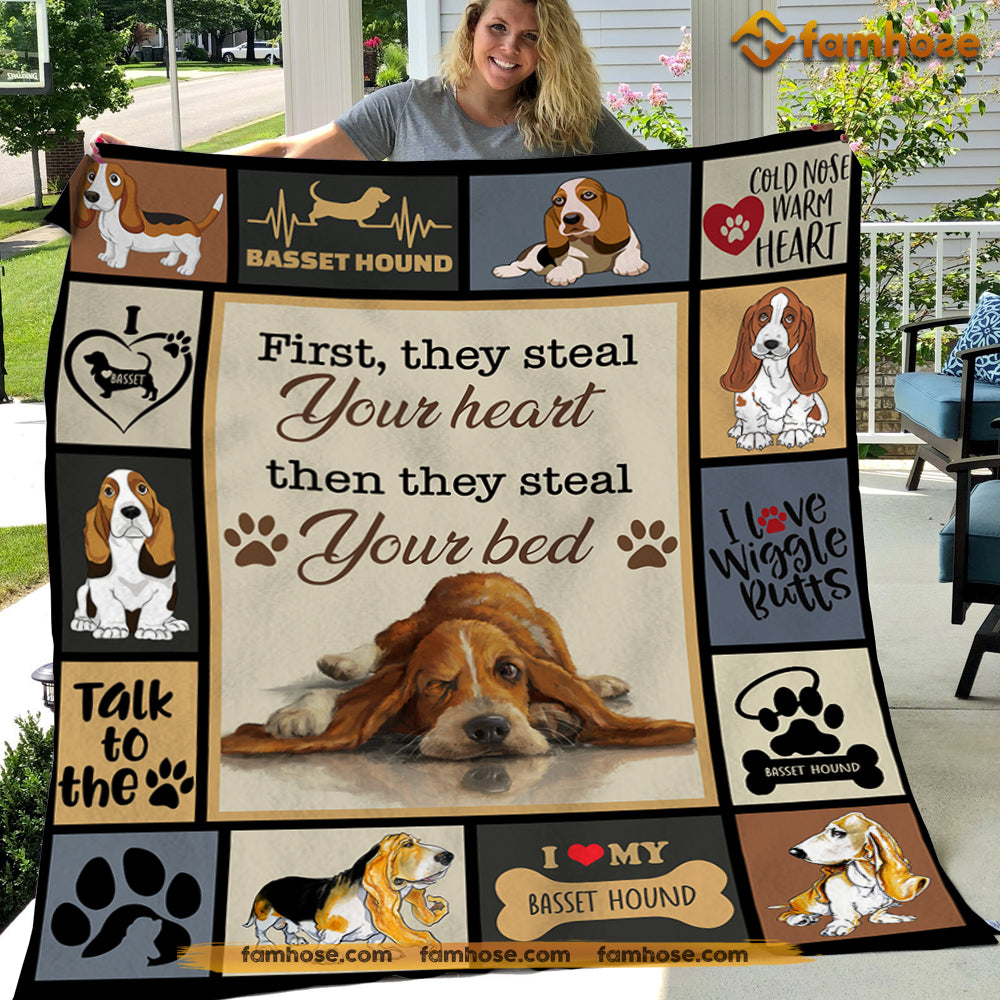 Funny Dog Blanket, First They Steal Your Heart Then They Steal Your Bed Fleece Blanket - Sherpa Blanket Gift For Dog Lovers, Dog Owners