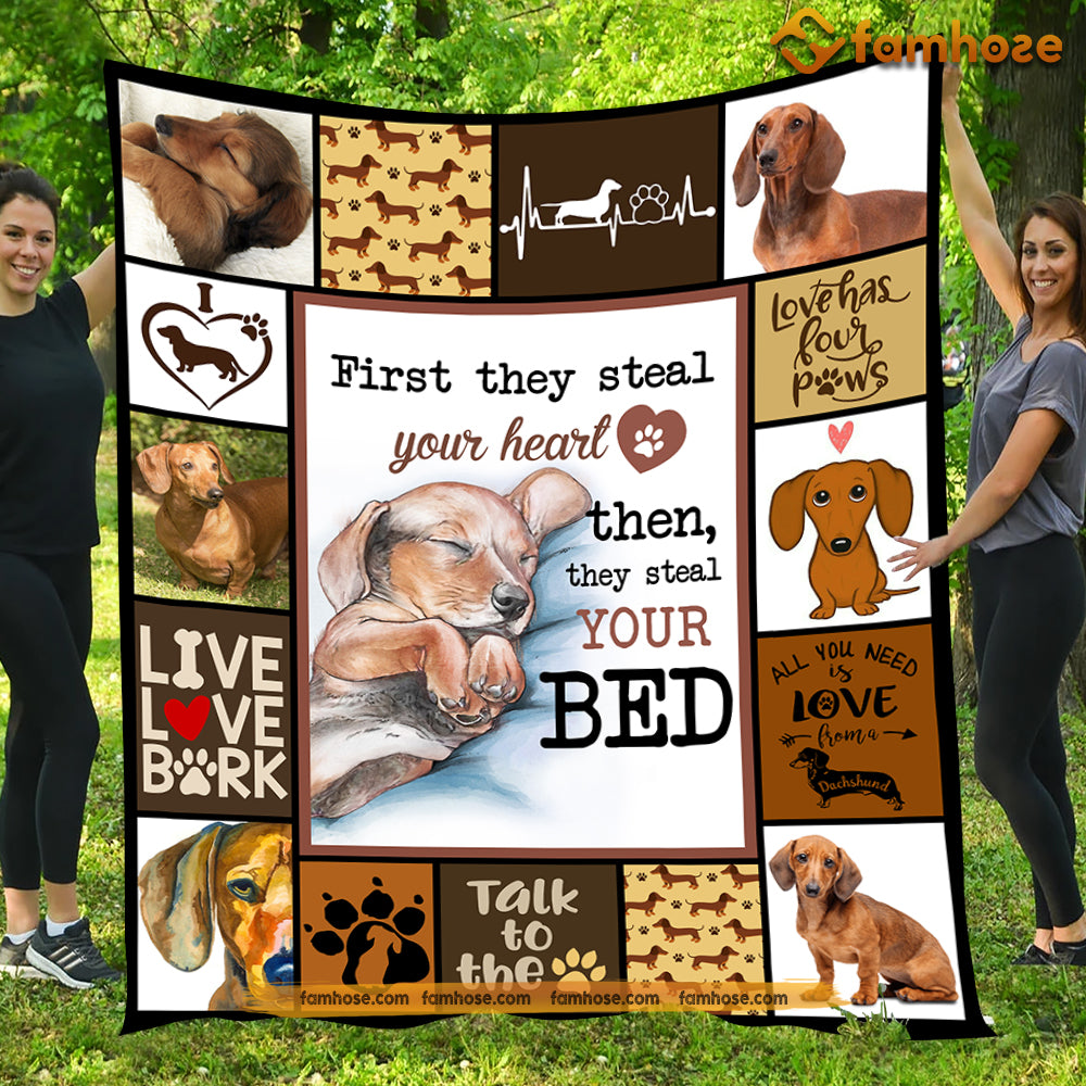 Cute Dachshund Dog Blanket, First They Steal Your Heart, Dachshund Fleece Blanket - Sherpa Blanket Gift For Dog Lovers, Dog Owners