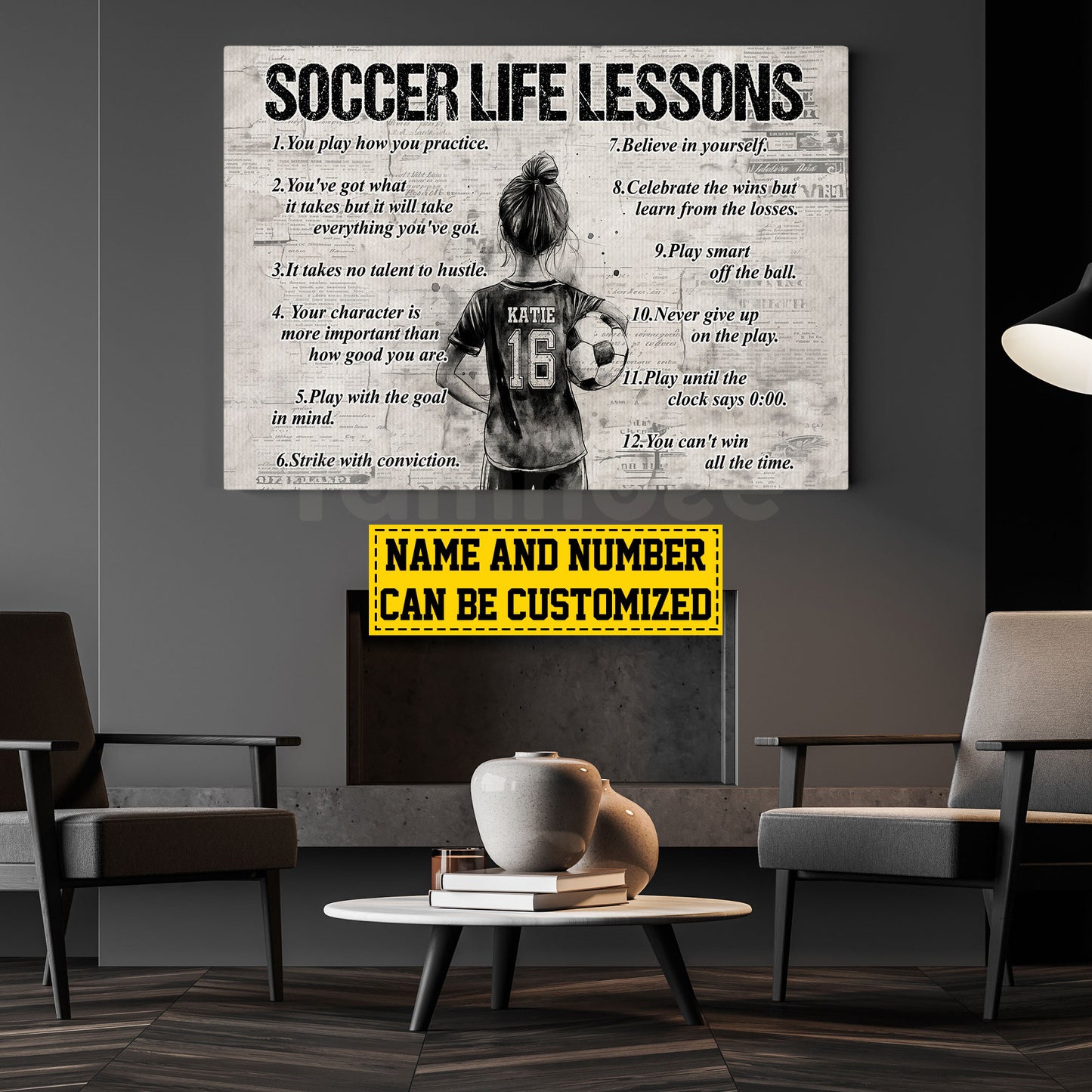 Personalized Soccer Girl Canvas Painting For Kids - Inspiring Quotes Life Lessons Poster Gift For Young Soccer Fans