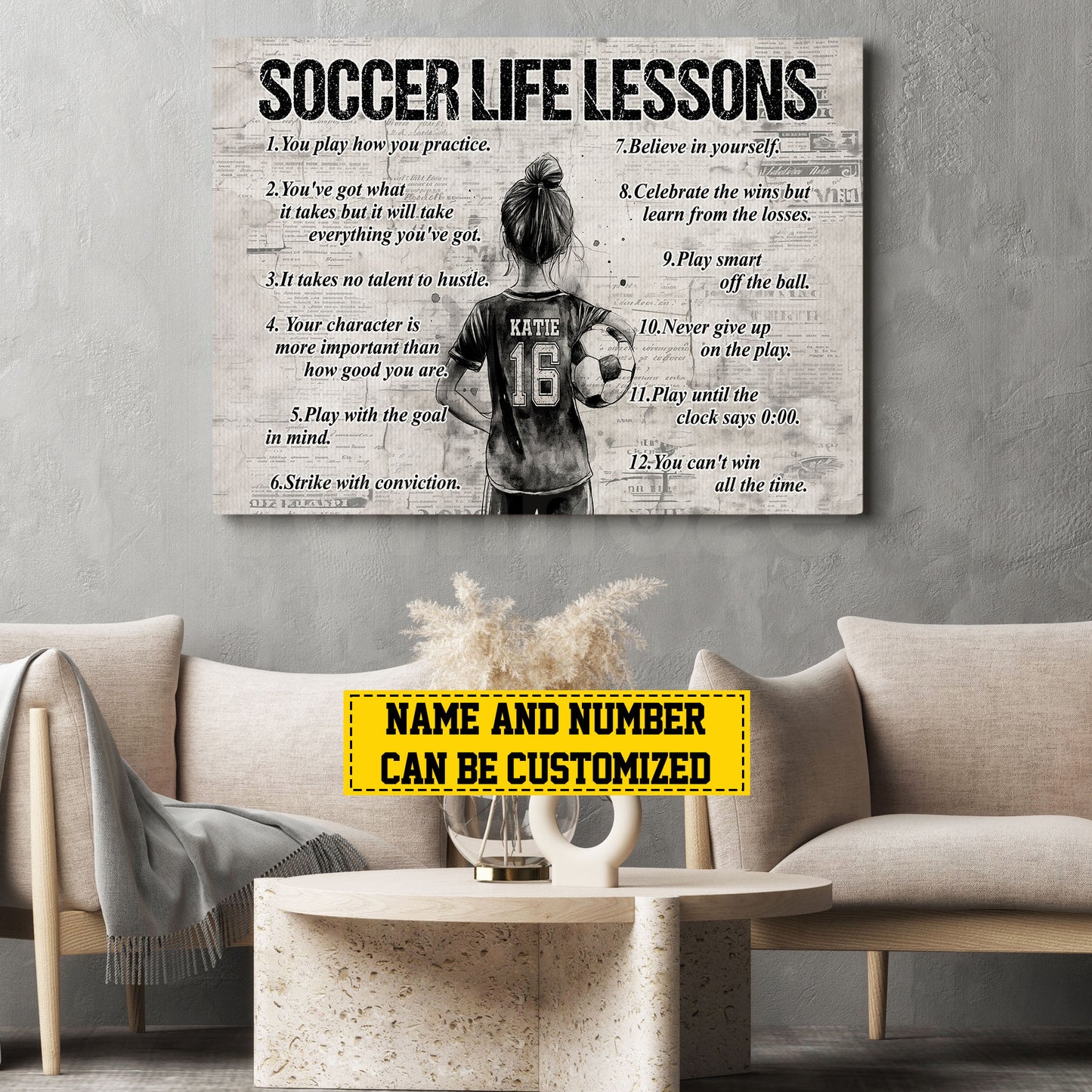 Personalized Soccer Girl Canvas Painting For Kids - Inspiring Quotes Life Lessons Poster Gift For Young Soccer Fans