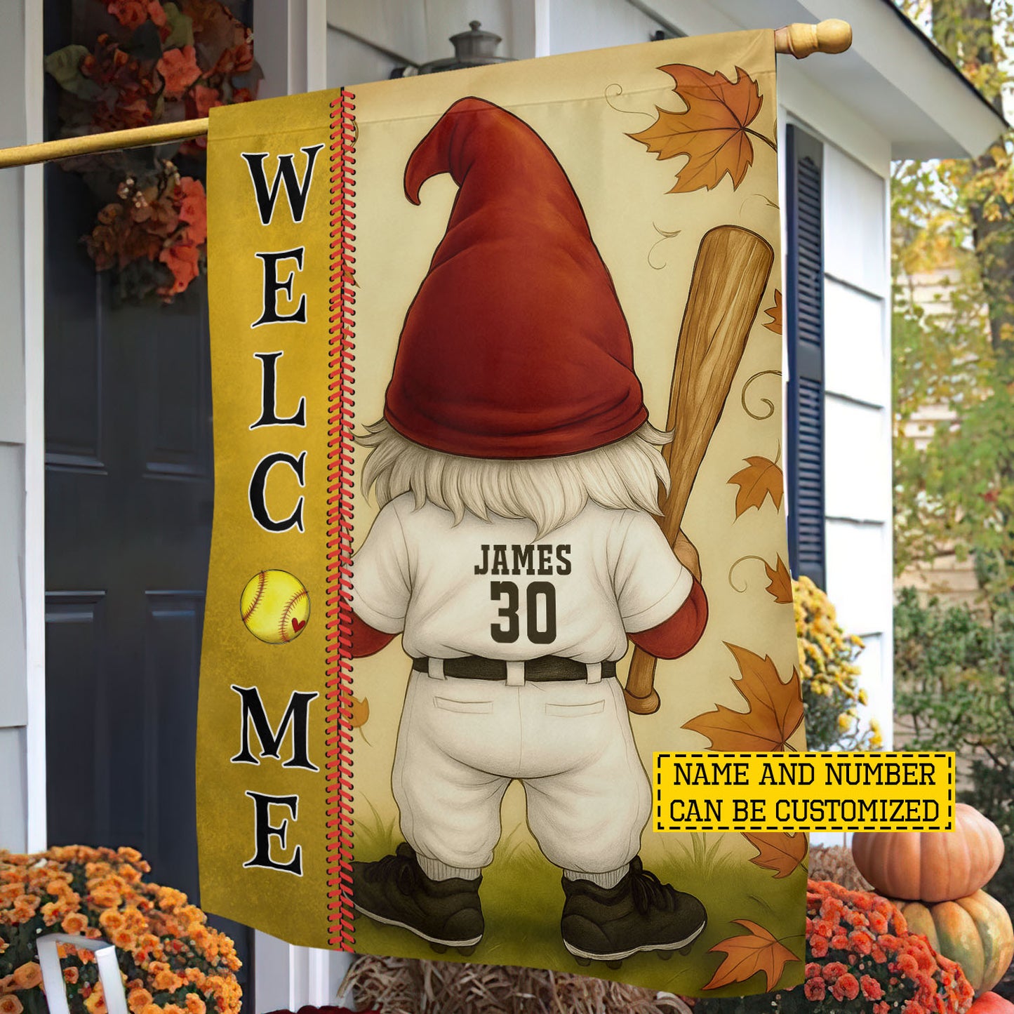 Personalized Thanksgiving Softball Gnomie Garden & House Flag, Welcome Thankful Outdoor Decor, Yard Decor Gift For Softball Lovers