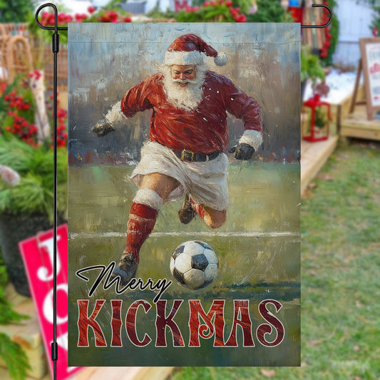 Vintage Christmas Soccer Garden Flag & House Flag, Merry Kickmas, Welcome Outdoor Decor, Xmas Yard Decor Gift For Soccer Lovers
