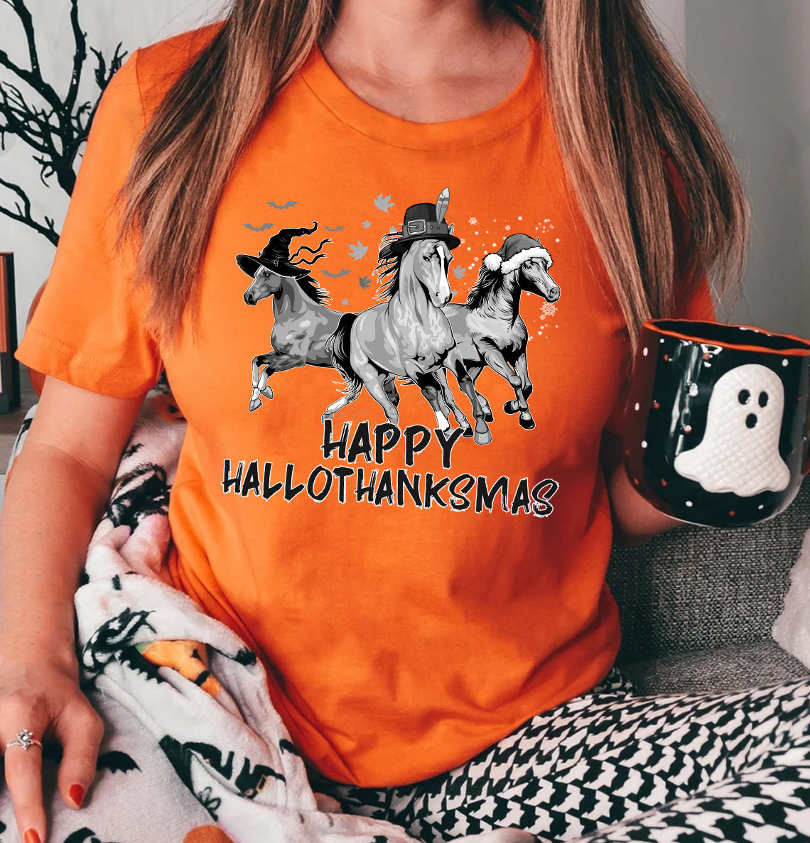 Halloween Horse T-shirt, Happy Hallothanksmas Thanksgiving Christmas Halloween Gift For Horse Lovers, Horse Riders, Equestrians