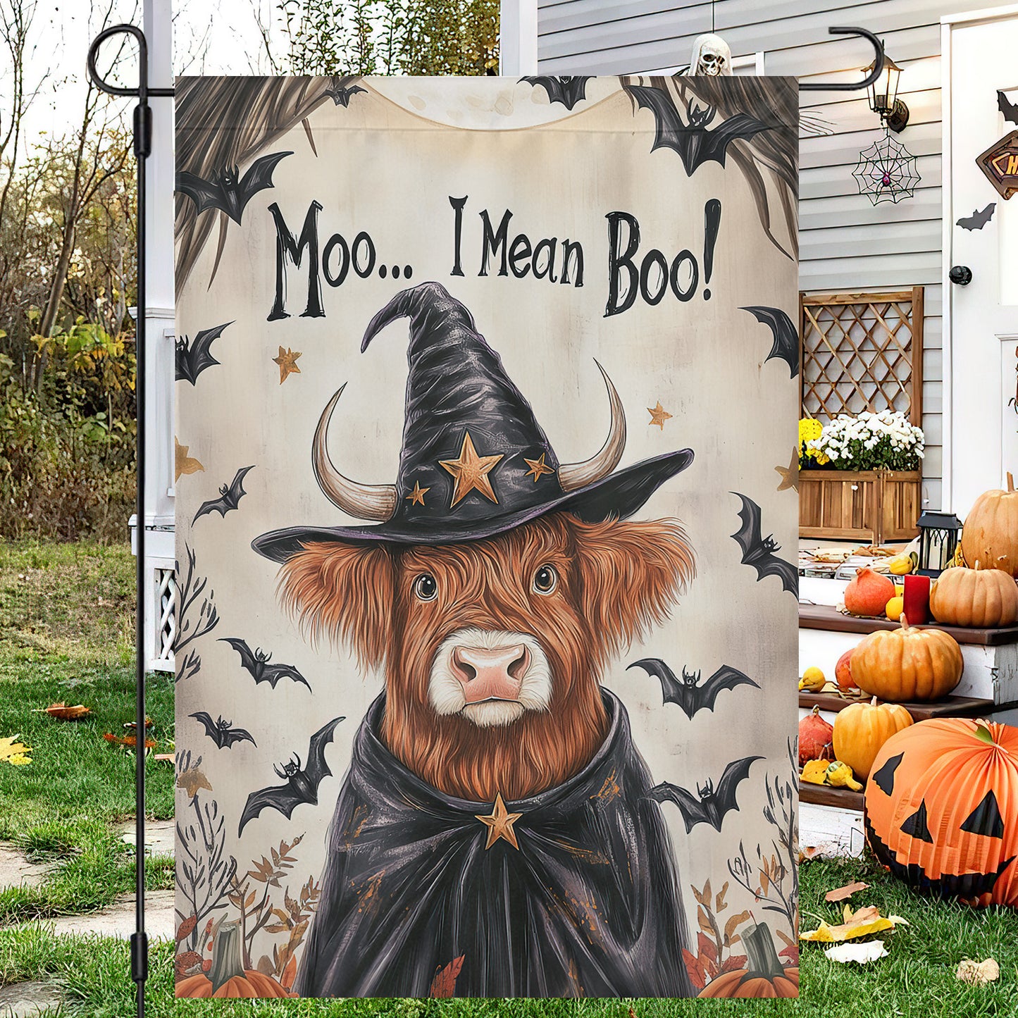 Funny Halloween Cow Witch Flag House Flag, Moo I Mean Boo Yard Flag Spooky Season Gift For Witch Lovers, Cow Lovers