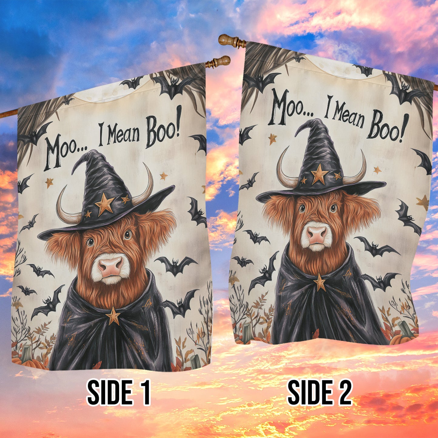Funny Halloween Cow Witch Flag House Flag, Moo I Mean Boo Yard Flag Spooky Season Gift For Witch Lovers, Cow Lovers