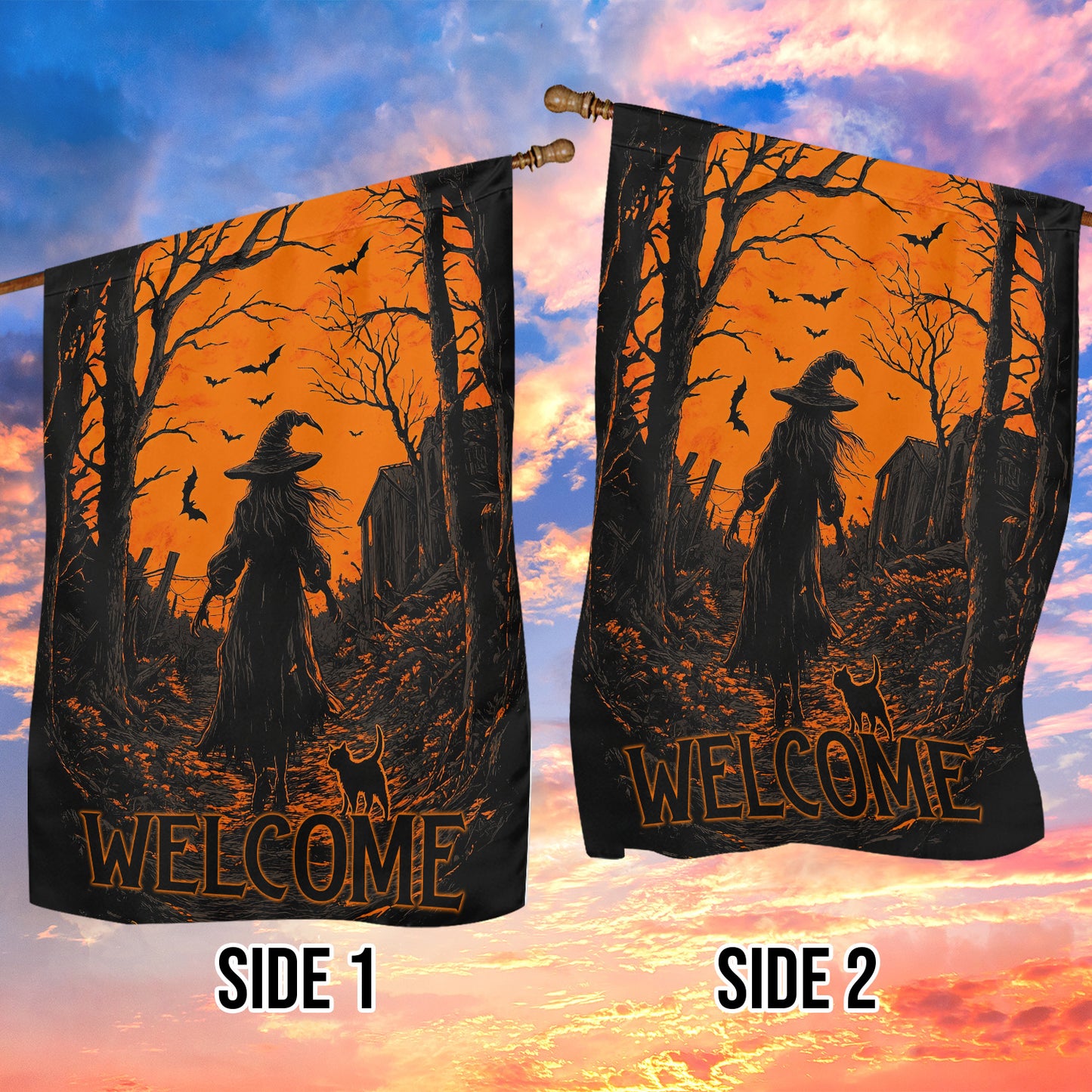 Halloween Witch Cat Garden Flag House Flag, Welcome Yard Flag Spooky Season Gift For Witch Lovers, Cat Lovers