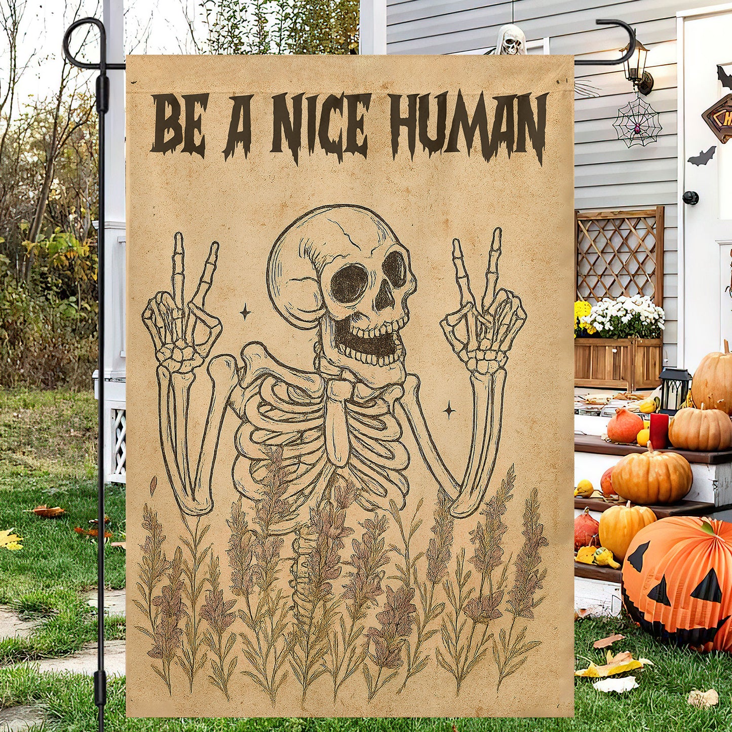 Funny Halloween Skeleton Flag House Flag, Be A Nice Human Yard Flag Spooky Season Gift For Skeleton Lovers