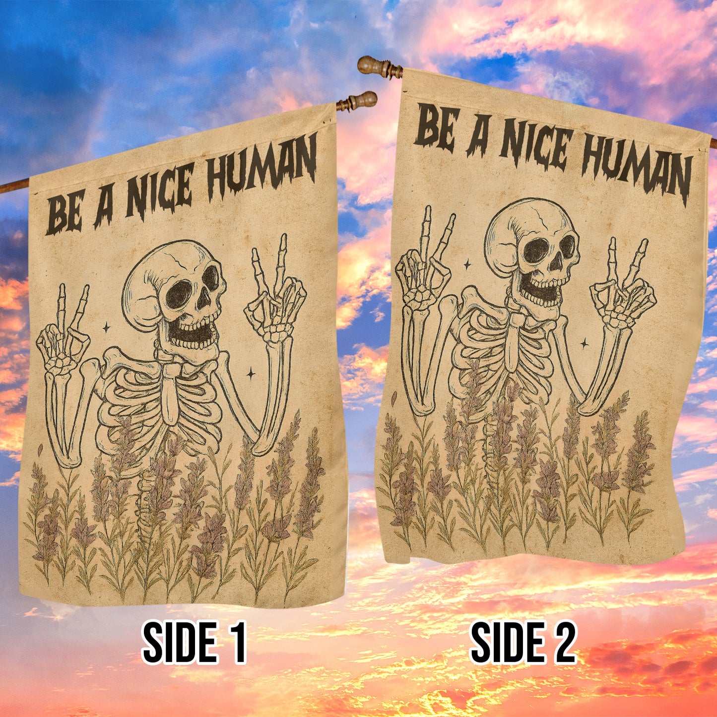 Funny Halloween Skeleton Flag House Flag, Be A Nice Human Yard Flag Spooky Season Gift For Skeleton Lovers