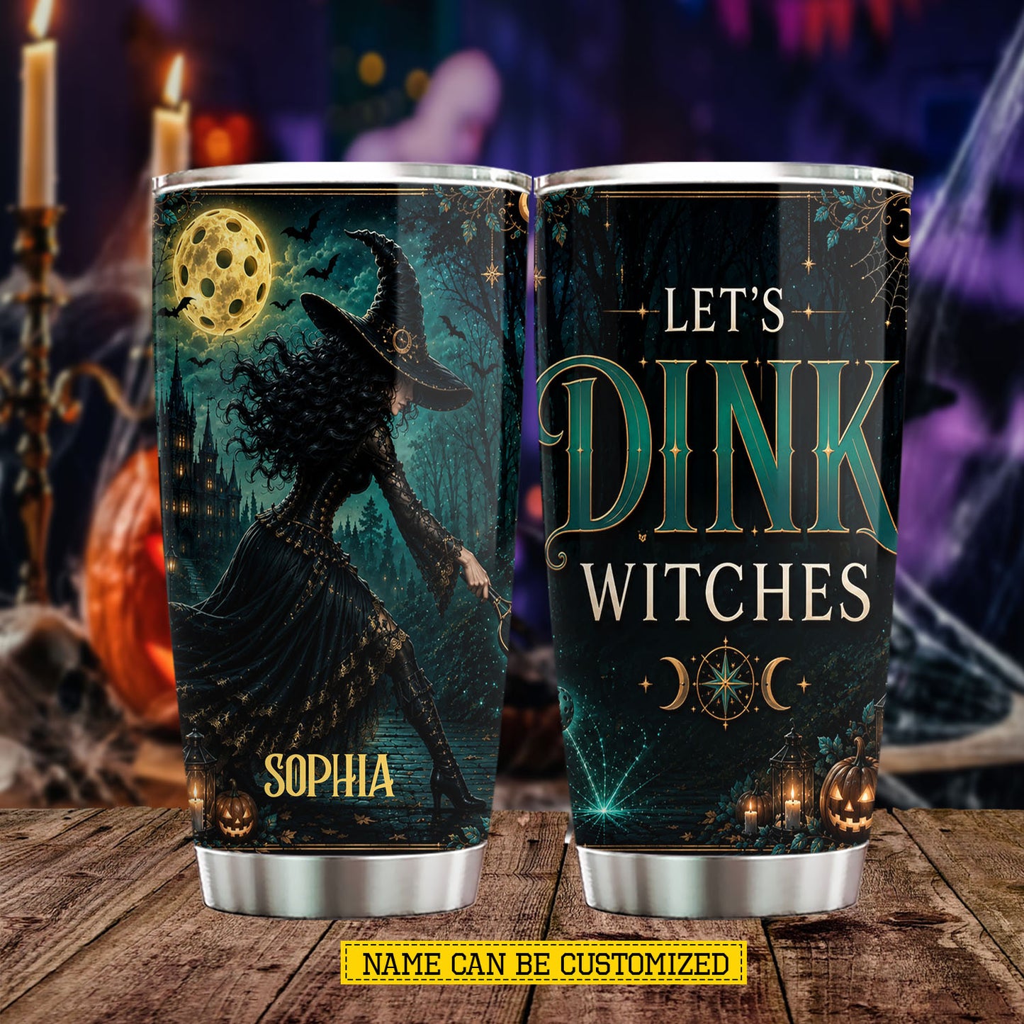 Personalized Halloween Pickleball Witch Tumbler, Let's Dink Witches, Spooky Season Stainless Steel Tumbler, Travel Mug Tumblers Gift For Witch Lover