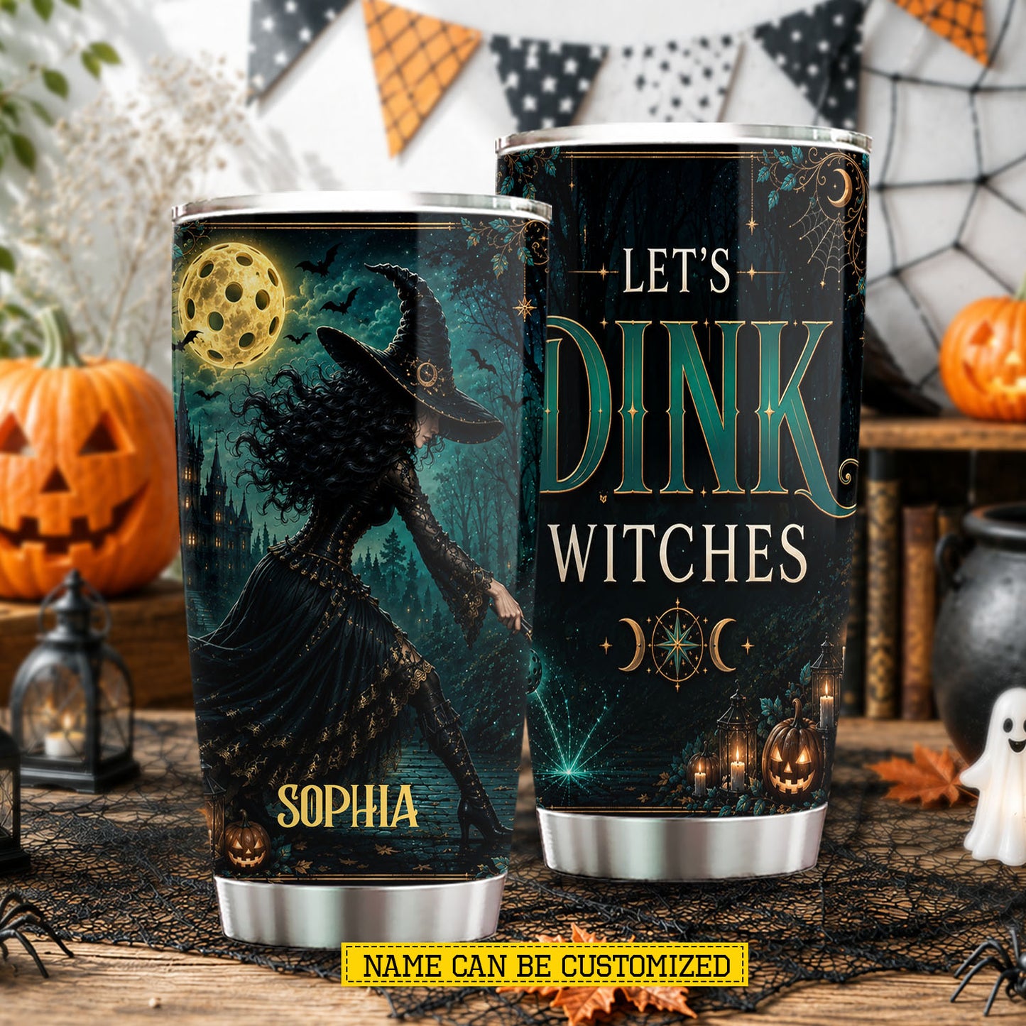 Personalized Halloween Pickleball Witch Tumbler, Let's Dink Witches, Spooky Season Stainless Steel Tumbler, Travel Mug Tumblers Gift For Witch Lover