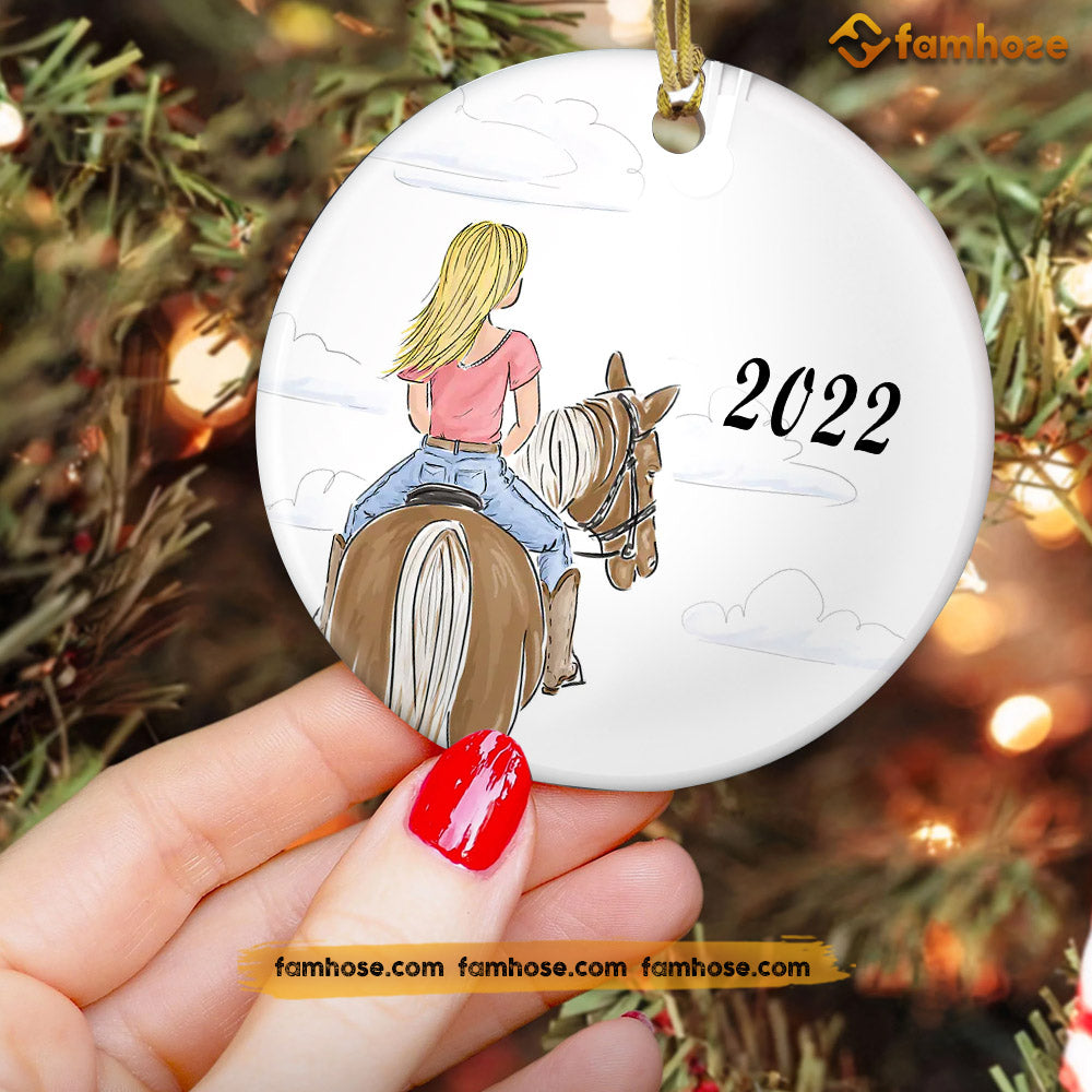 Christmas Horse Riding Ornament, Riding Horse With Me Gift For Horse Riding Lovers, Custom Circle Ceramic Ornament