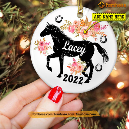 Christmas Horse Ornament, Strong Horse With Flower Gift For Horse Lovers, Personalized Custom Circle Ceramic Ornament