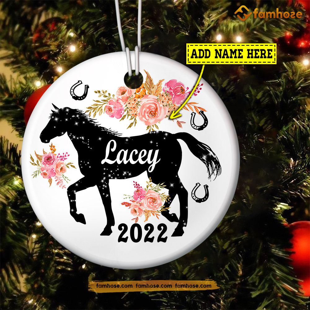 Christmas Horse Ornament, Strong Horse With Flower Gift For Horse Lovers, Personalized Custom Circle Ceramic Ornament