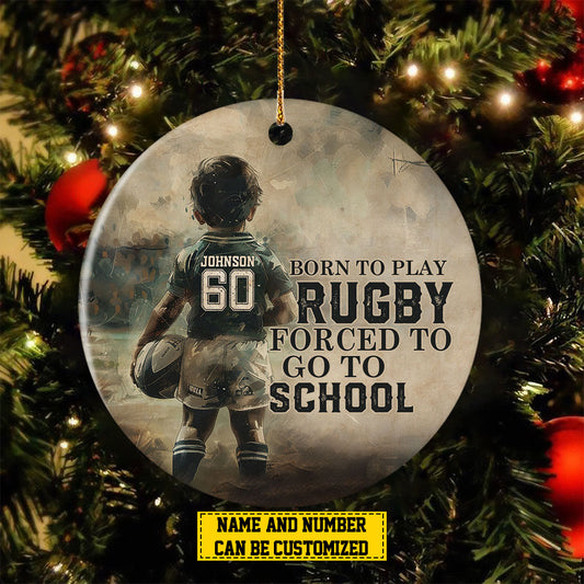 Personalized Rugby Boy Christmas Ornament, Born To Play Rugby, Xmas Circle Ceramic Ornament Gift For Rugby Lovers