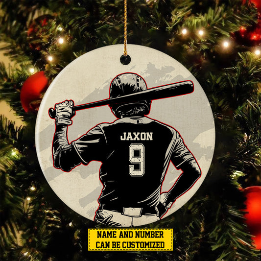 Personalized Baseball Boy Christmas Ornament, Xmas Circle Ceramic Ornament Gift For Baseball Lovers