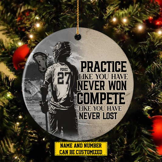 Personalized Motivational Lacrosse Boy Christmas Ornament, Compete Like You Have Never Lost, Xmas Circle Ceramic Ornament Gift For Lacrosse Lovers