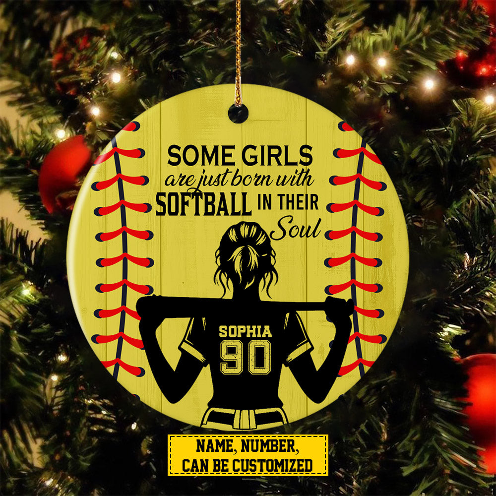 Personalized Softball Girl Christmas Ornament, Some Girls Are Just Born With, Xmas Circle Ceramic Ornament Gift For Softball Lovers