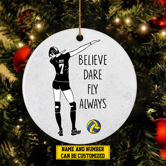 Personalized Volleyball Girl Christmas Ornament, Believe Dare Fly Always, Xmas Circle Ceramic Ornament Gift For Volleyball Lovers